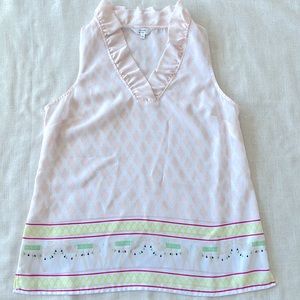 Women’s small Crown & Ivy tank. Pink, white and green. Ruffle collar.